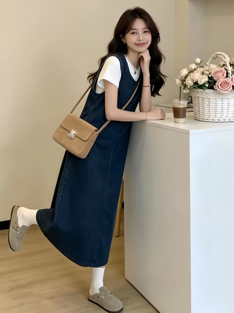 초여름 고유 한 아름다운 세트 여성 여름 새로운 한 부서 레트로 반팔 맨위 데님 드레스 투피스 세트 트렌디 이미지 2