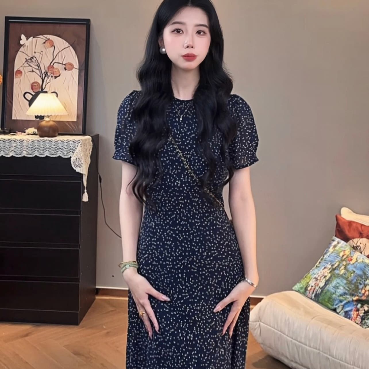 여름 새로운 한 부서 통기성 휴가 허리 수축 롱 스커트 슬림해 보이는 꽃무늬 드레스 이미지 5
