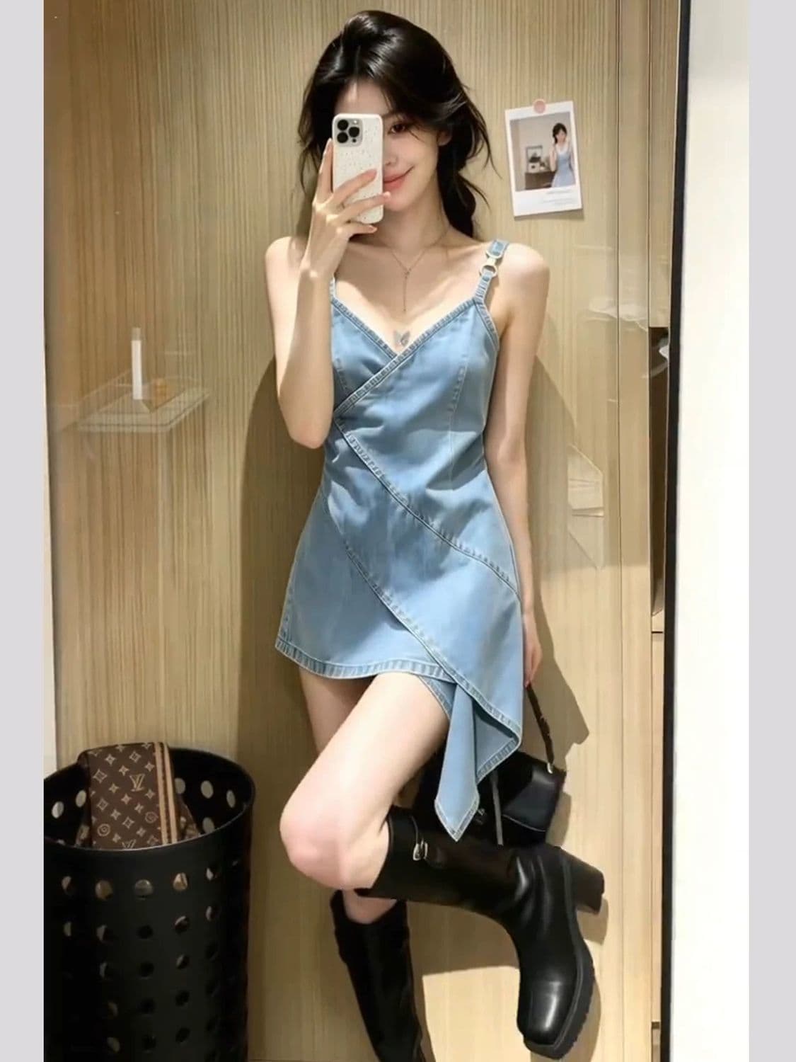 작은 대중 아니요 명중 섹션 품격 V넥 데님 슬립 여성 드레스 2026 여름 새로운 핫걸 불규칙 점프 슈트 상세 이미지 1