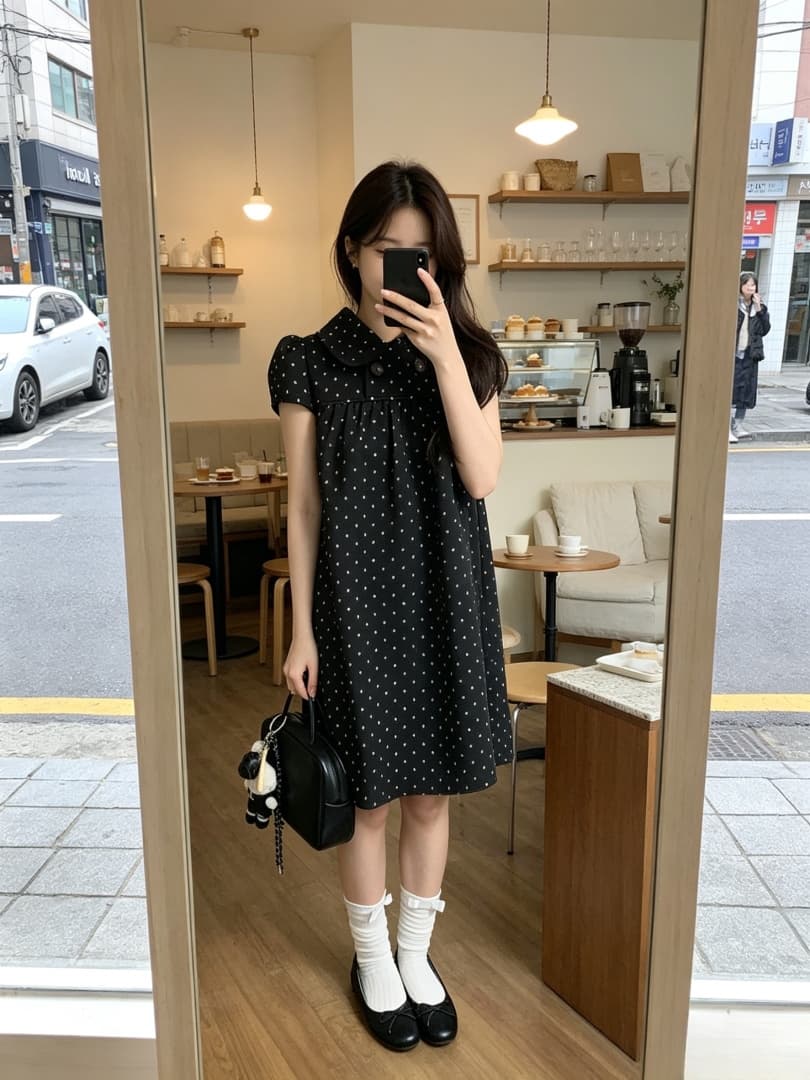 그는 벤 바람 프랑스식 검정색 도트 무늬 드레스 아이들 여름 2026 새로운 작은 키 품격 고급 센스 미니 스커트 상세 이미지 2