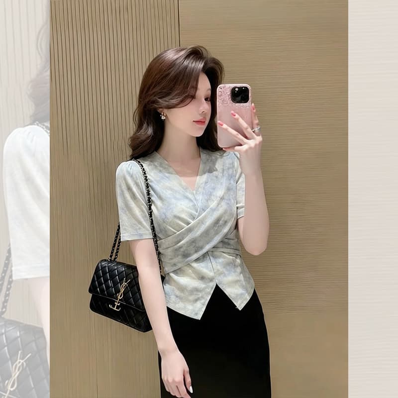 프랑스식 우아함 편안함 분위기 센스 절묘한 디자인 센스 V넥 반팔 여성 셔츠 여름 허리 수축 슬림해 보이는 트임 맨위 이미지 3