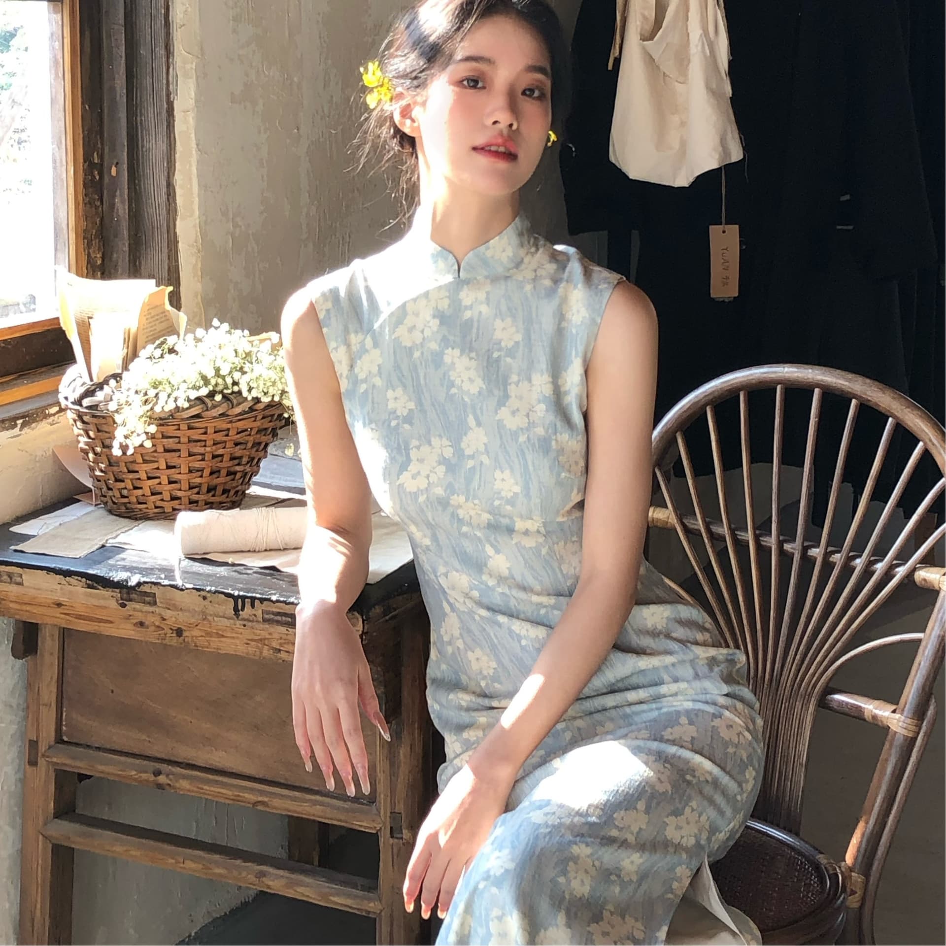 ti 리프트 灼灼 하늘색 항구 일 중식 개선 민소매 국풍 롱 코트 치파오 봄 여름 품격 롱 스커트 이미지 5