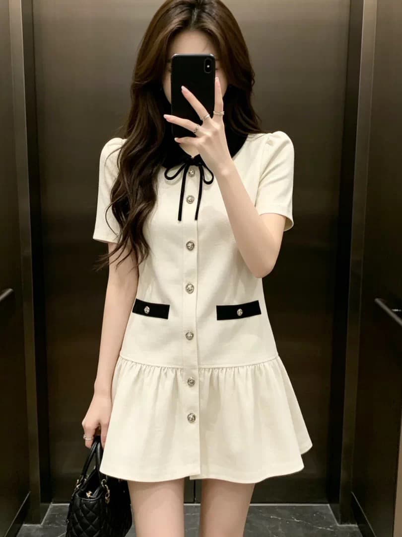 프랑스식 천 금빛 바람 베이비 칼라 단추 드레스 여성 의류 2026 여름 새로운 허리 수축 A라인 스커트 슬림해 보이는 착용 가져 가라. 이미지 2