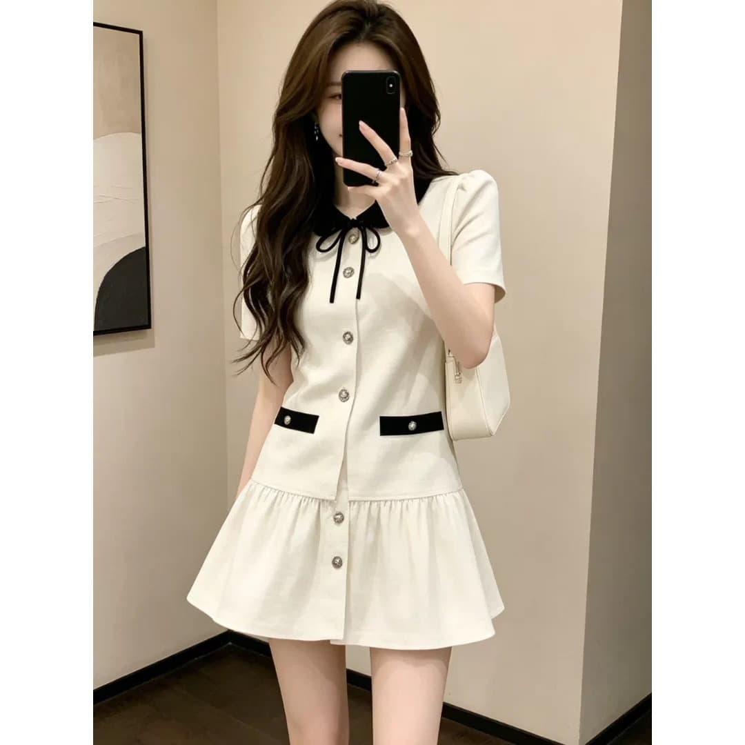 프랑스식 천 금빛 바람 베이비 칼라 단추 드레스 여성 의류 2026 여름 새로운 허리 수축 A라인 스커트 슬림해 보이는 착용 가져 가라. 이미지 5