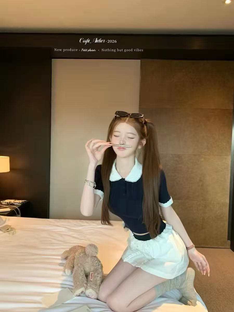 늦게 우산 우산 26 ss 복숭아 나이 미시 miu 부서 얼음 마 이중층 칼라 니트 스웨터 배색 프릴 반 스커트 상세 이미지 1