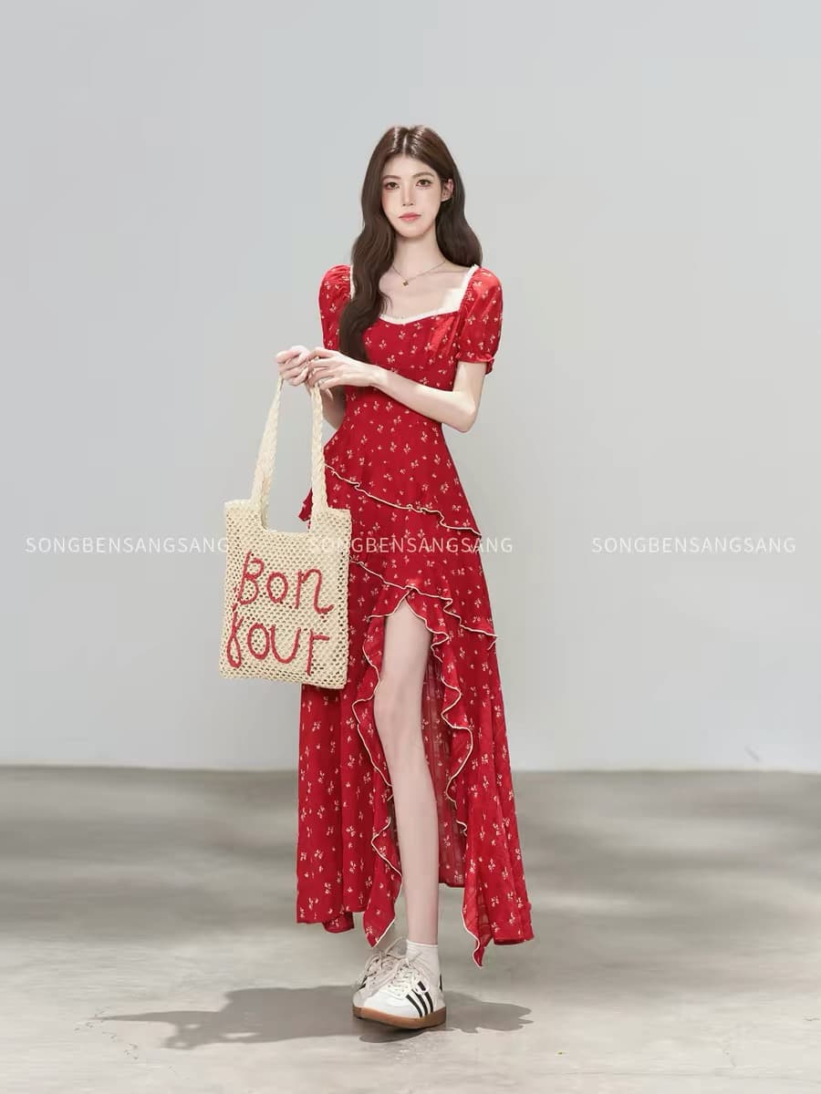 마츠모토 애도 애도 프랑스식 빨간색 도트 무늬 여성 드레스 여름 반팔 허리 수축 트임 롱 스커트 휴가 바람 슬림해 보이는 치마 이미지 2