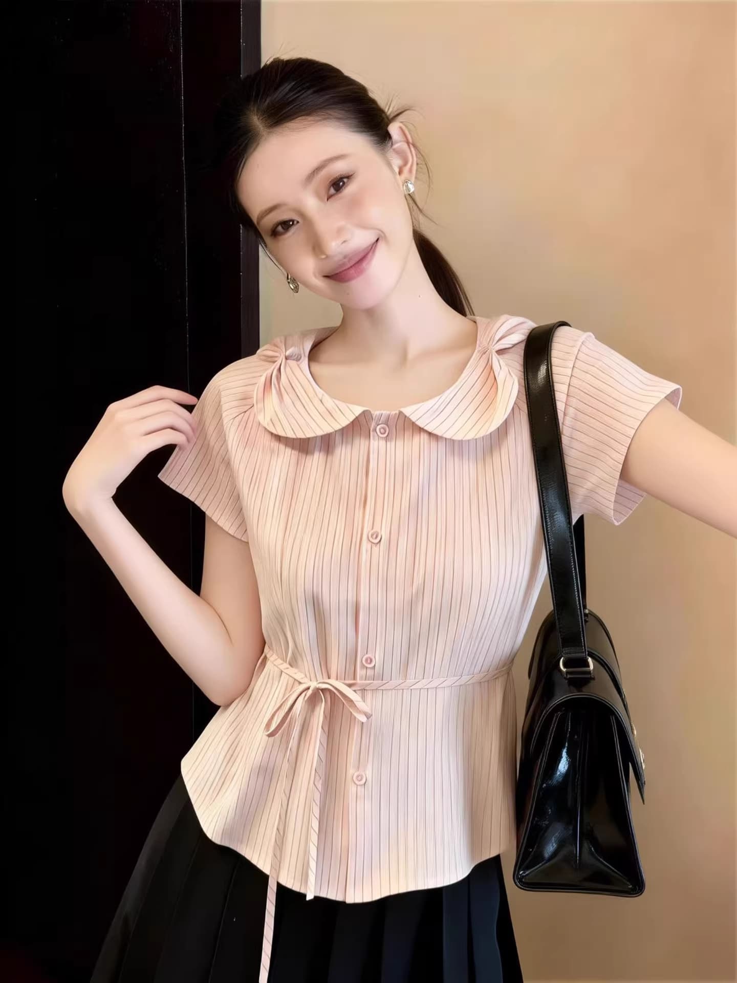 한 부서 학원 스타일 베이비 칼라 레이스업 나비 매듭 반팔 여성 셔츠 2026 여름 새로운 허리 수축 다용도 맨위 이미지 4