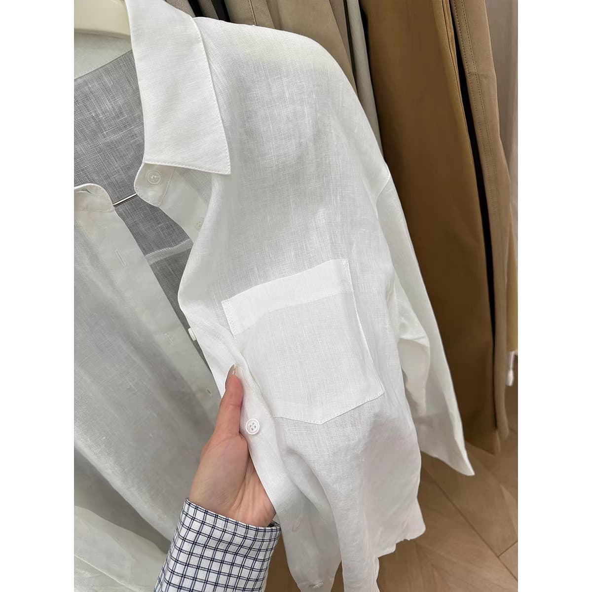 chao 수준 추천 오래된 돈 바람 화이트 아마 자외선 차단 여성 셔츠 편안함 통기성 캐주얼 미니멀리즘 다용도 맨위 상세 이미지 3