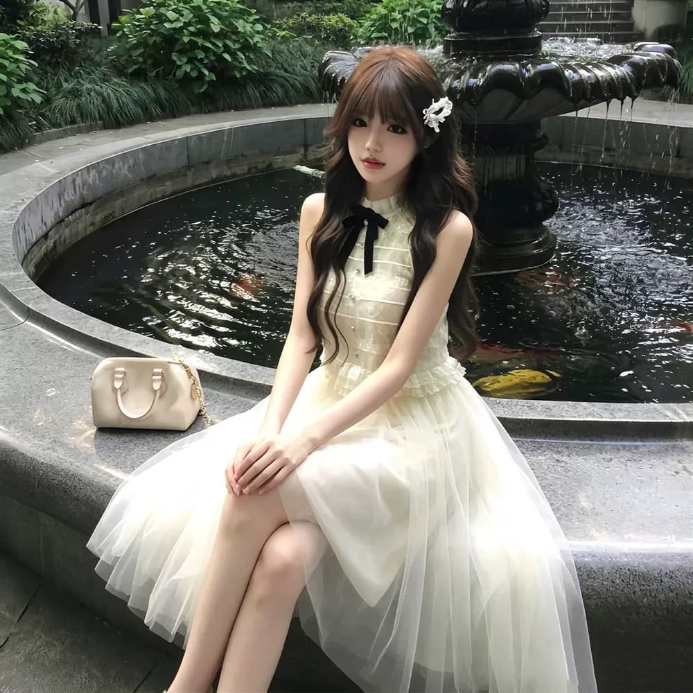 품격 전체 집합 ootd 착용 가져 가라. 천 금빛 바람 디자인 센스 레이스 민소매 맨위 반 스커트 투피스 슈트 2026 여름 상세 이미지 3