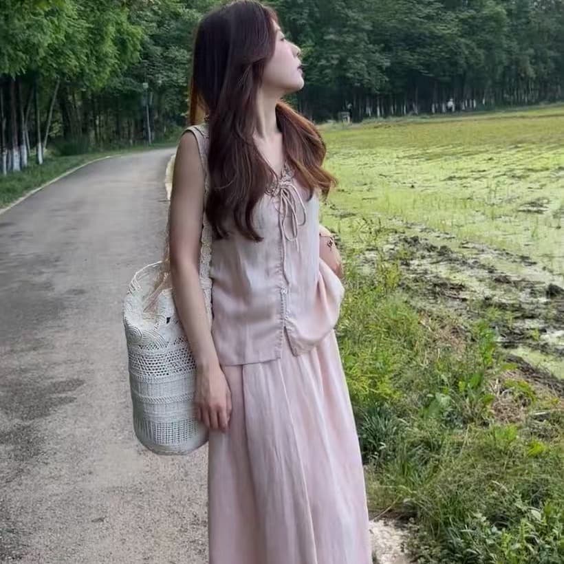 빛 여름 소금 부서 여름 미니멀리즘 빛 요리 한 바람 반팔 셔츠 반신 치마 세트 이미지 5