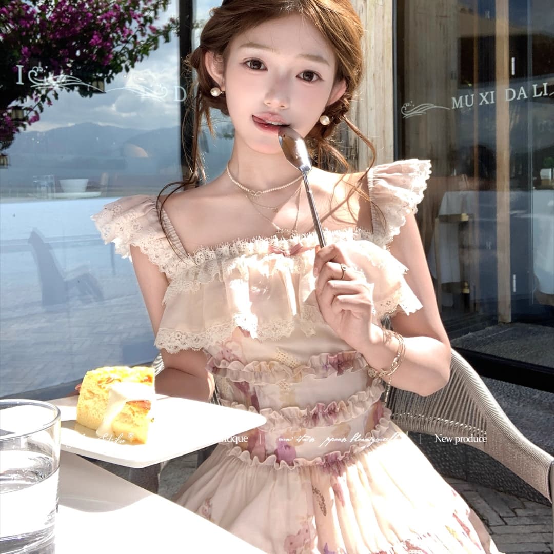 acaine5 28 20 00 95 할인 황혼 꽃 시리아 달콤함 소녀 프릴 꽃무늬 슬립 드레스 상세 이미지 1