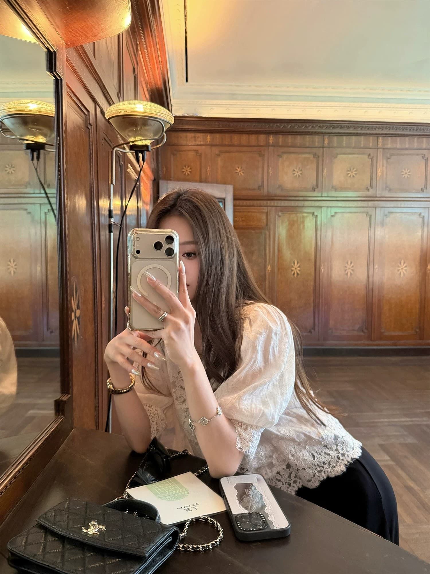 superniniyy 데이트 일기 100 라미 맞춤 패치워크 레이스 부드러운 거품 소매 셔츠 맨위 상세 이미지 2