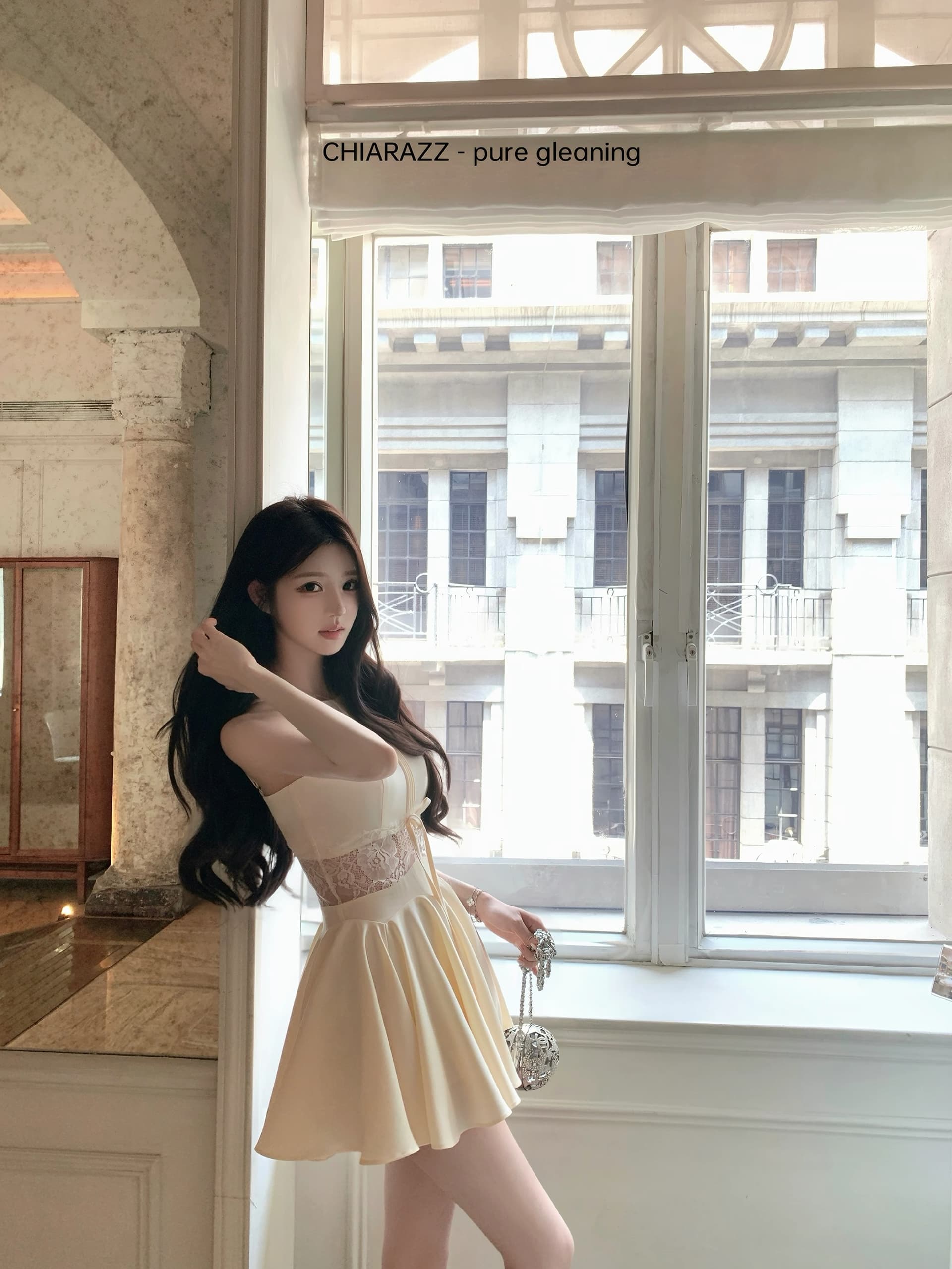 수영장 자오 짜오 26ss 복숭아 지점 야오 야오 화이트 레이스 나비 매듭 행침 목 민소매 드레스 이미지 3