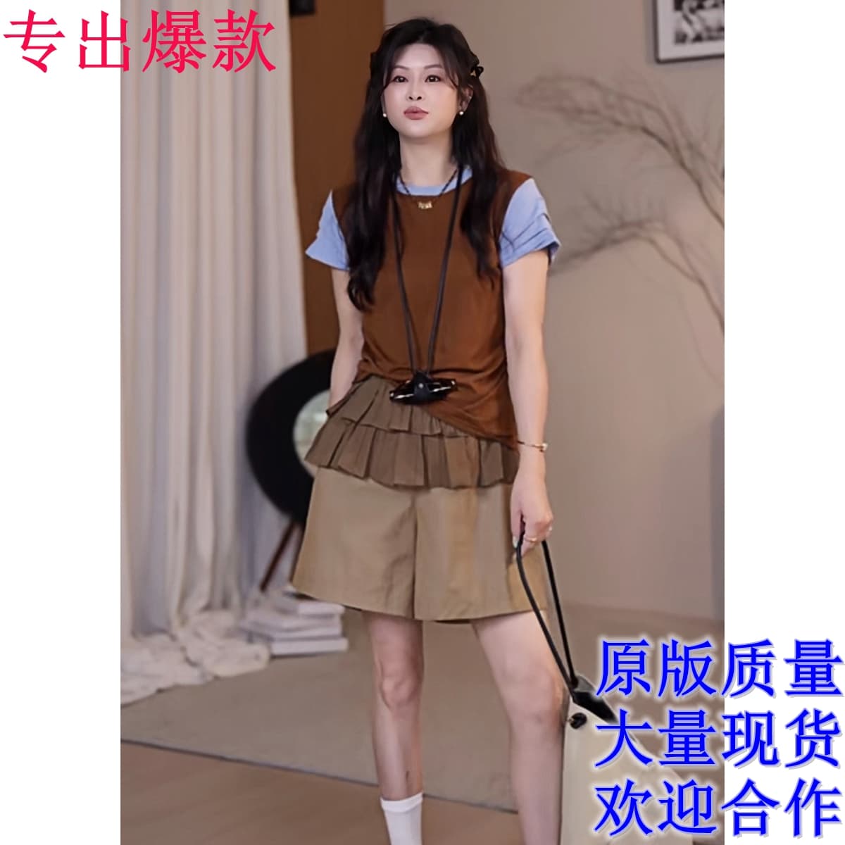 여름 새로운 한 부서 패치워크 품격 배색 디자인 라운드 넥 슬림해 보이는 표지 고기 티셔츠