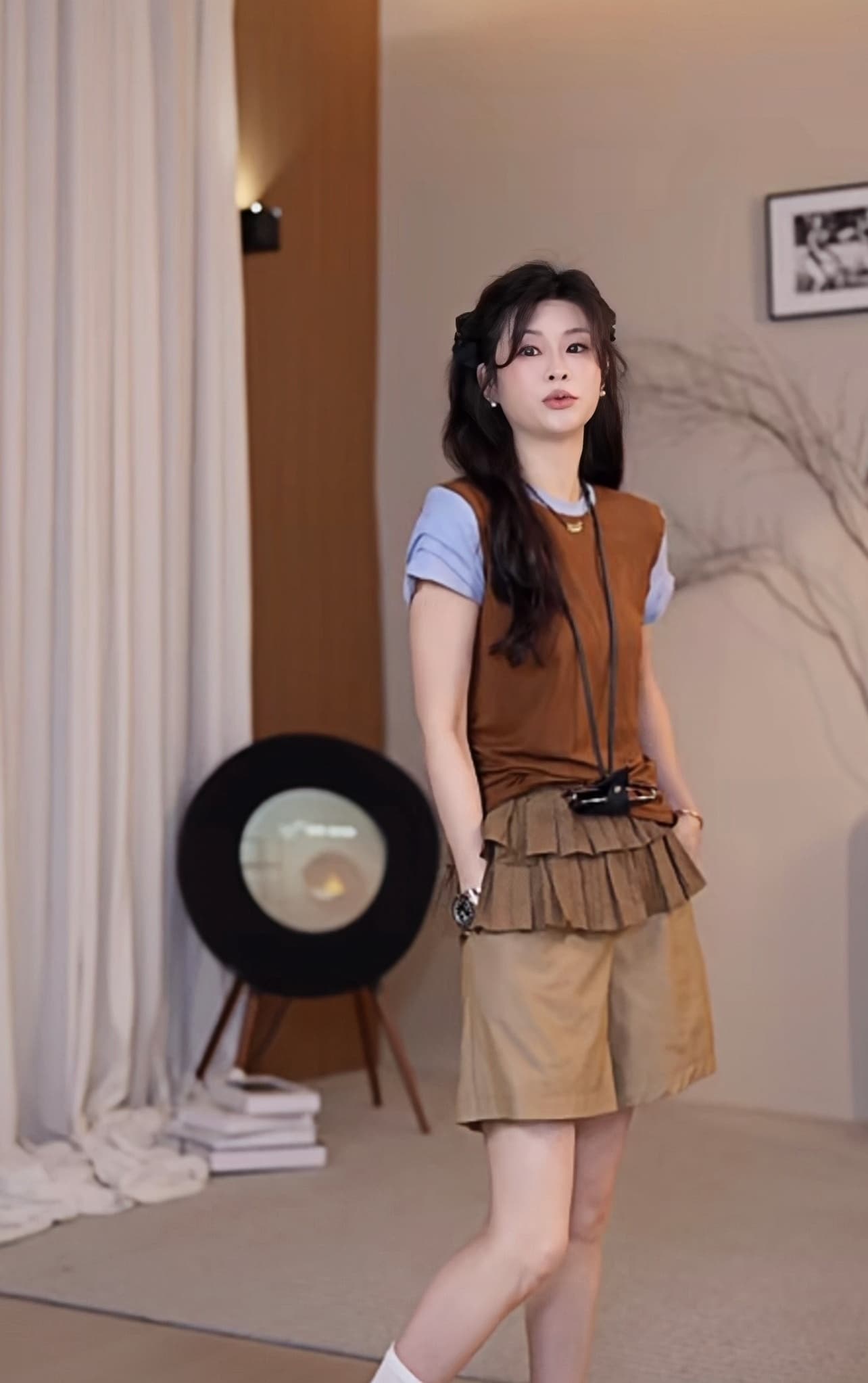 여름 새로운 한 부서 패치워크 품격 배색 디자인 라운드 넥 슬림해 보이는 표지 고기 티셔츠 상세 이미지 2