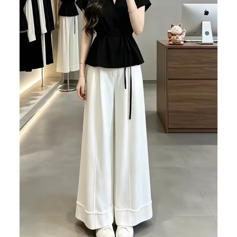 한 부서 그레이트 통해보기 가져 가라. 전체 집합 2026 새로운 검정색 반팔 티셔츠 여성 여름 와이드 레그 팬츠 투피스 슈트 이미지 5