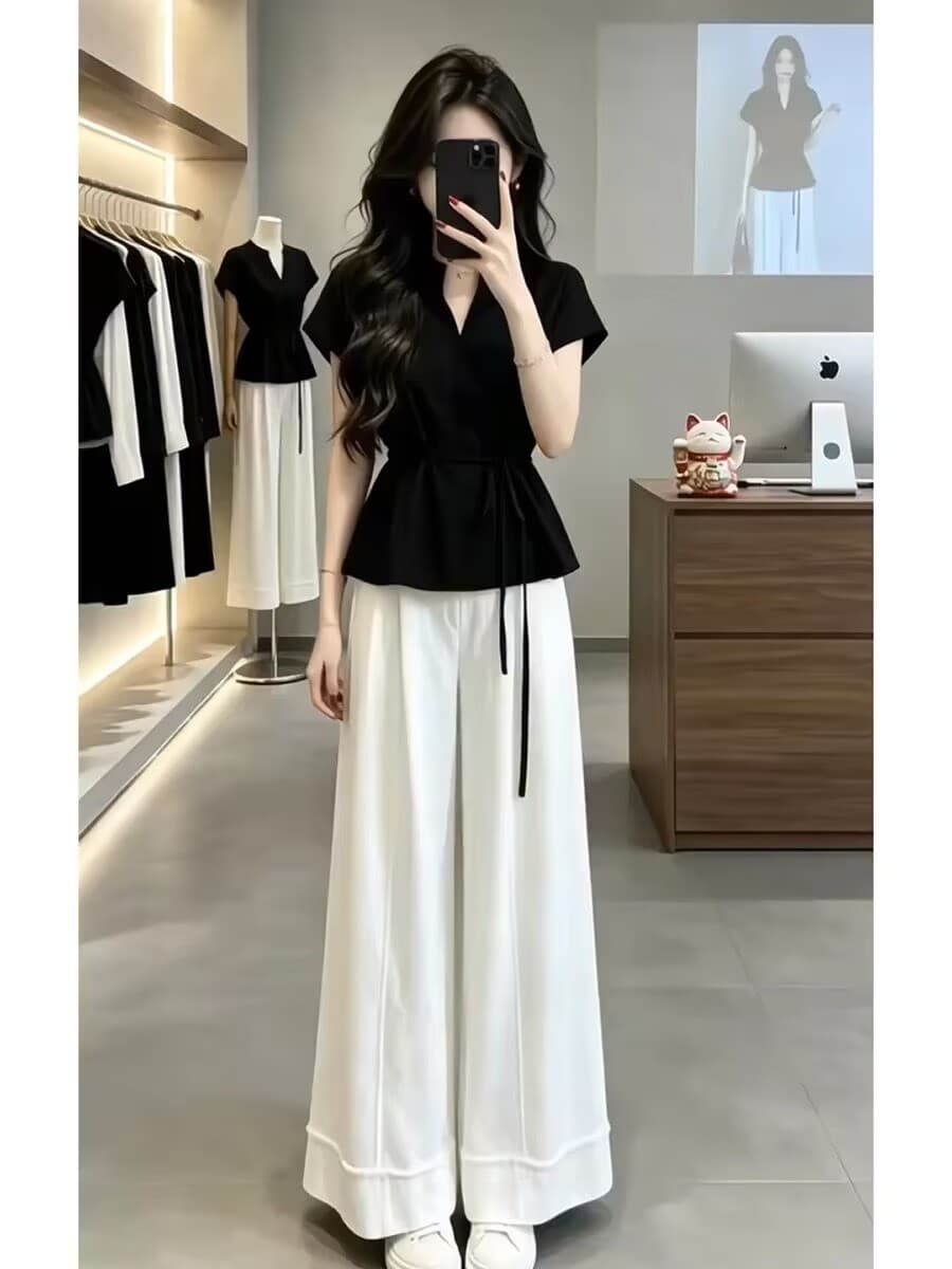 한 부서 그레이트 통해보기 가져 가라. 전체 집합 2026 새로운 검정색 반팔 티셔츠 여성 여름 와이드 레그 팬츠 투피스 슈트 상세 이미지 1