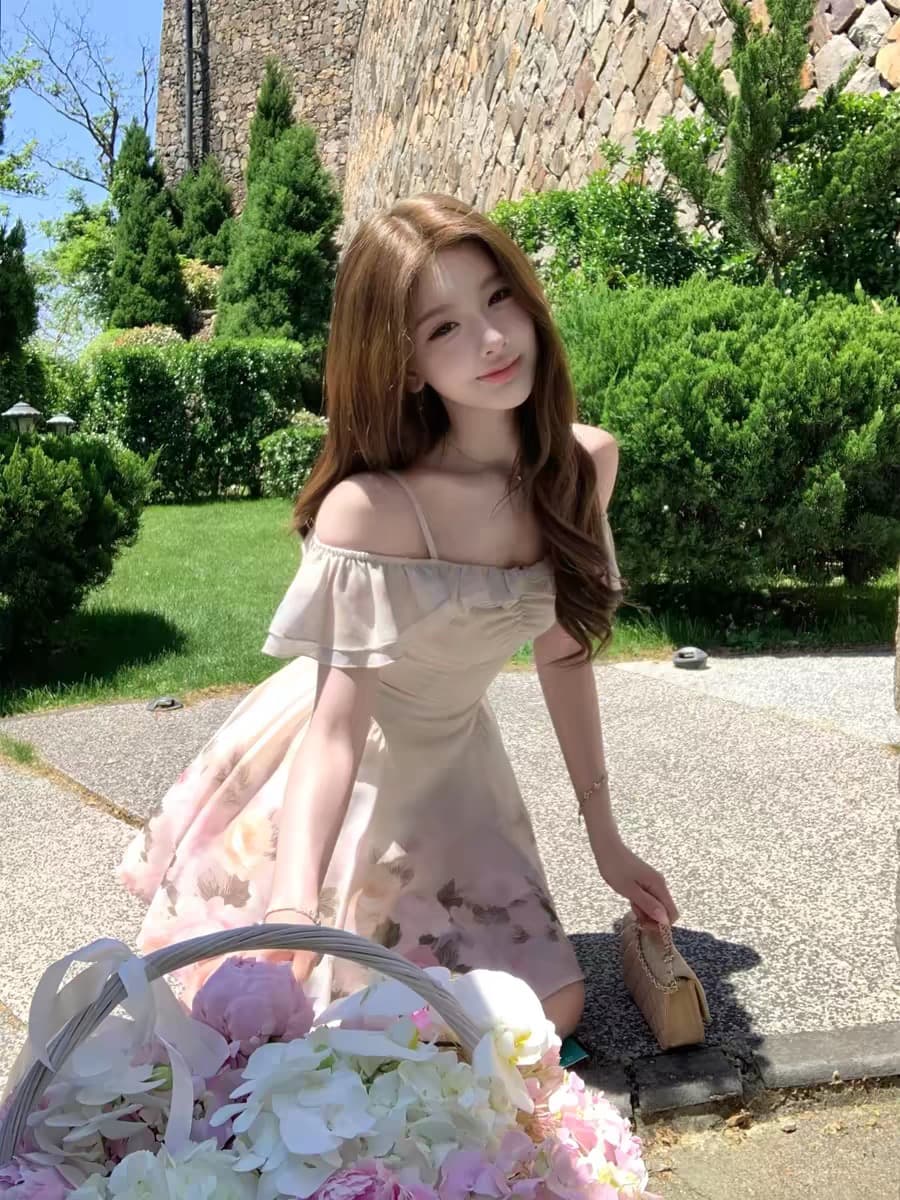 q 여자 집 신제품 95 접기 이슬 조정 향기로운 유화 센스 부드러운 둘 착용 연꽃 잎 반팔 꽃무늬 드레스 이미지 2