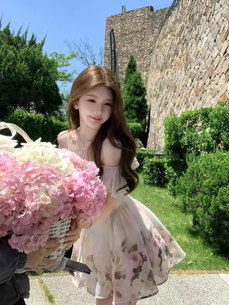 q 여자 집 신제품 95 접기 이슬 조정 향기로운 유화 센스 부드러운 둘 착용 연꽃 잎 반팔 꽃무늬 드레스 이미지 4