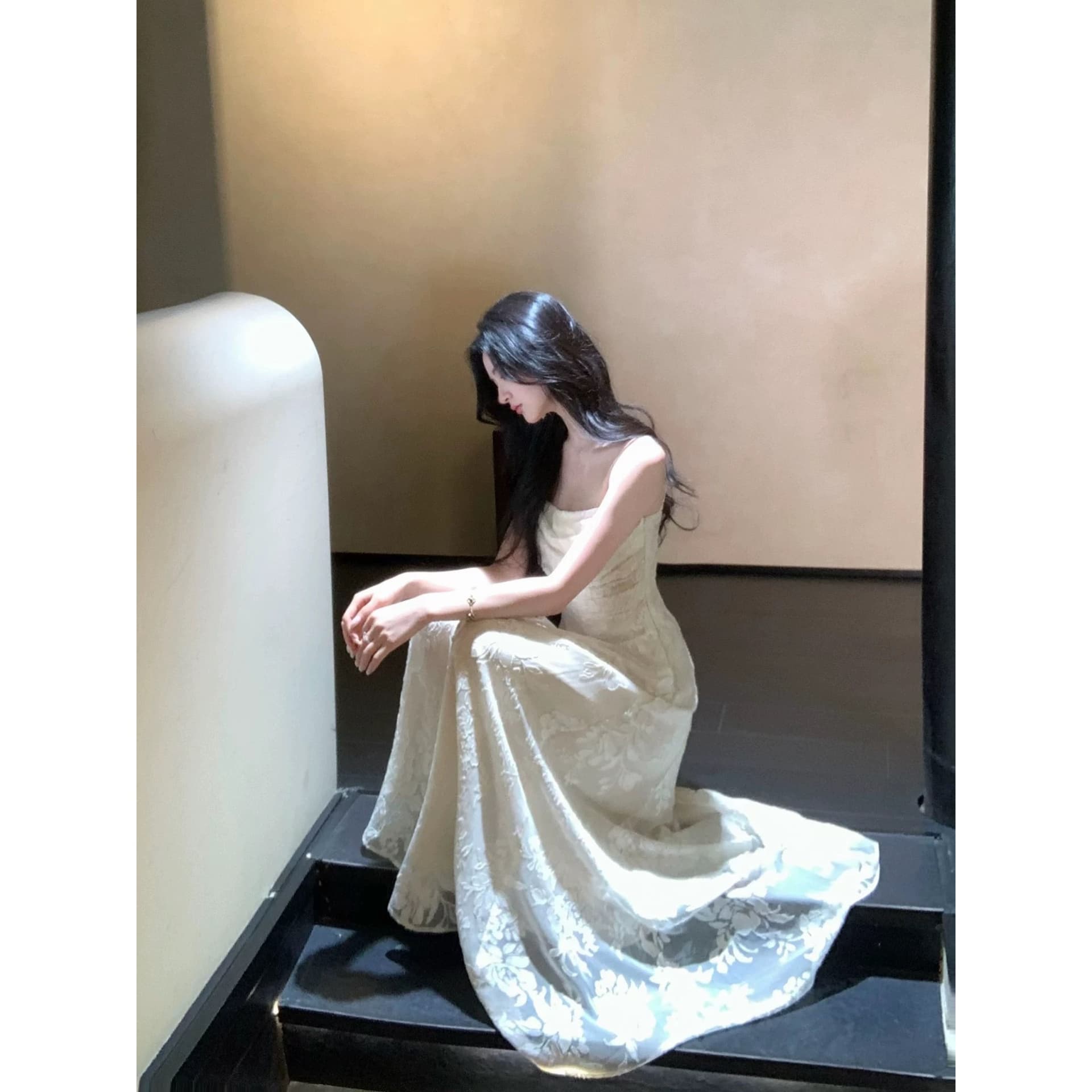 하나부터 순간 가을 수영장 늦게 棠 3 차원 꽃무늬 광장 칼라 슬립 드레스 허리 수축 슬림해 보이는 요정 치마 상세 이미지 4