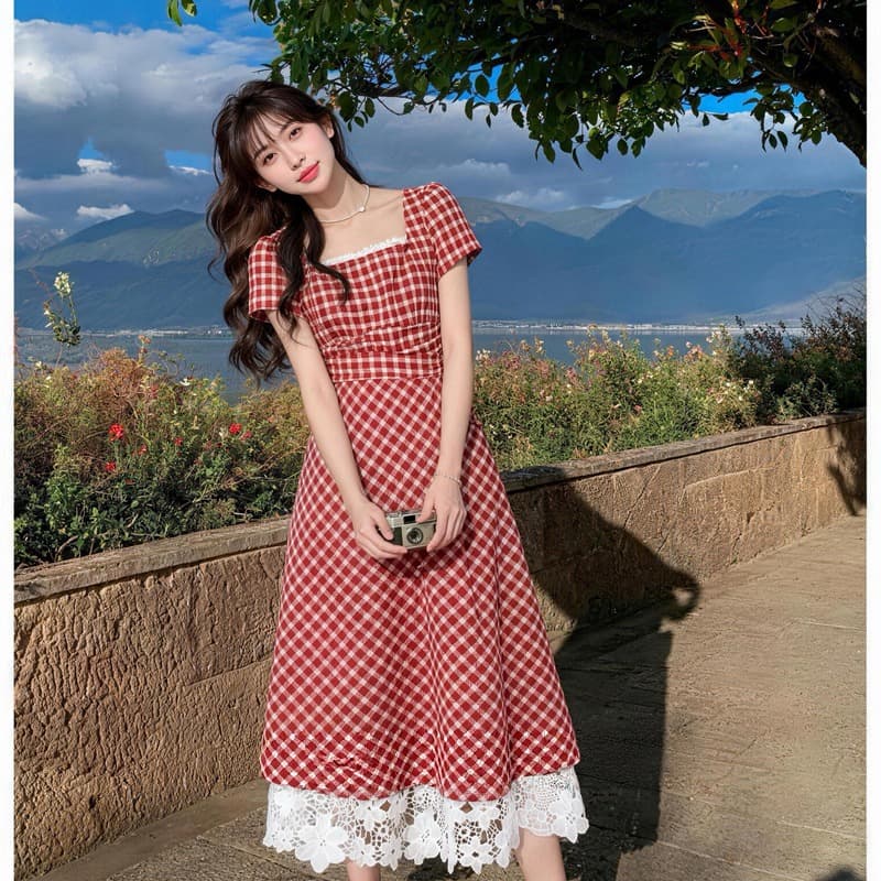 프랑스식 작은 대중 광장 칼라 빨간색 체크무늬 드레스 여름 도파민 작은 키 레트로 꼬집기 허리 스트랩 치마 이미지 5