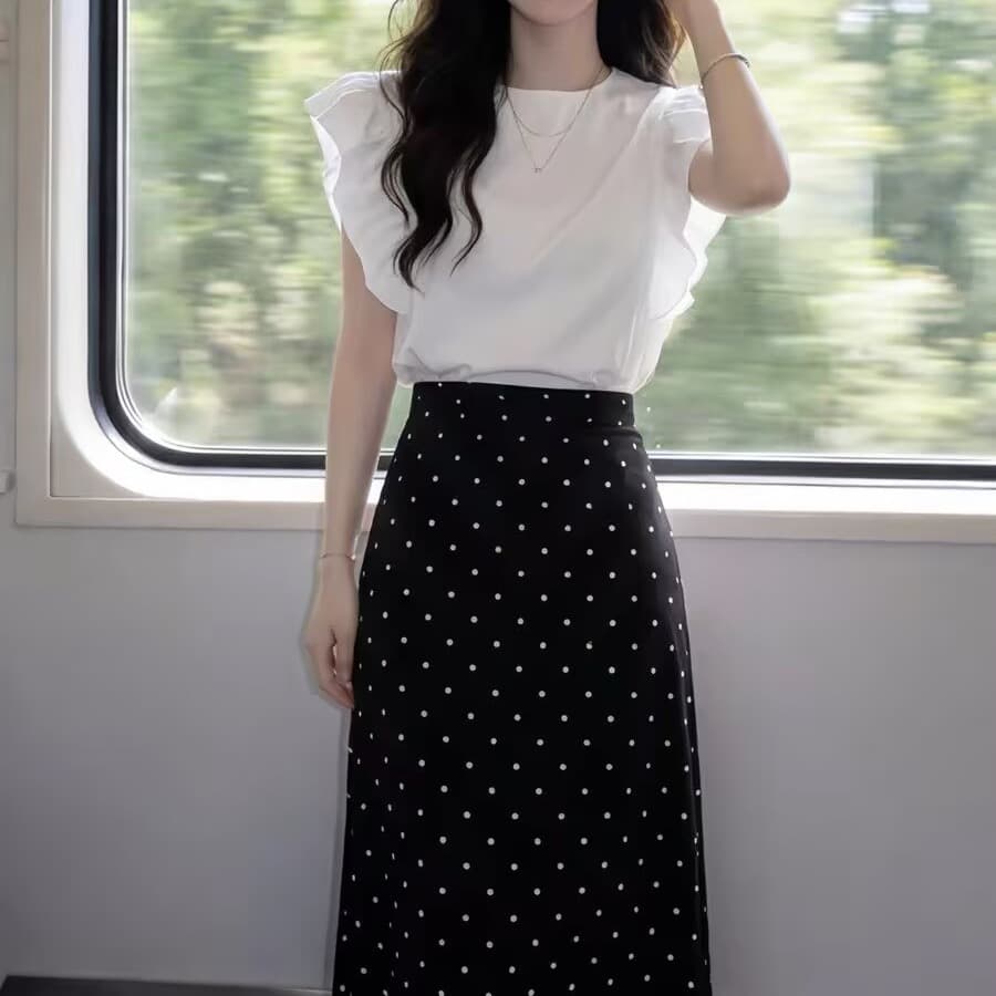자이언트 잘 생긴 전체 집합 ootd 착용 가져 가라. 여름 여성 화이트 프릴 반팔 맨위 도트 무늬 반신 스커트 투피스 슈트 이미지 5