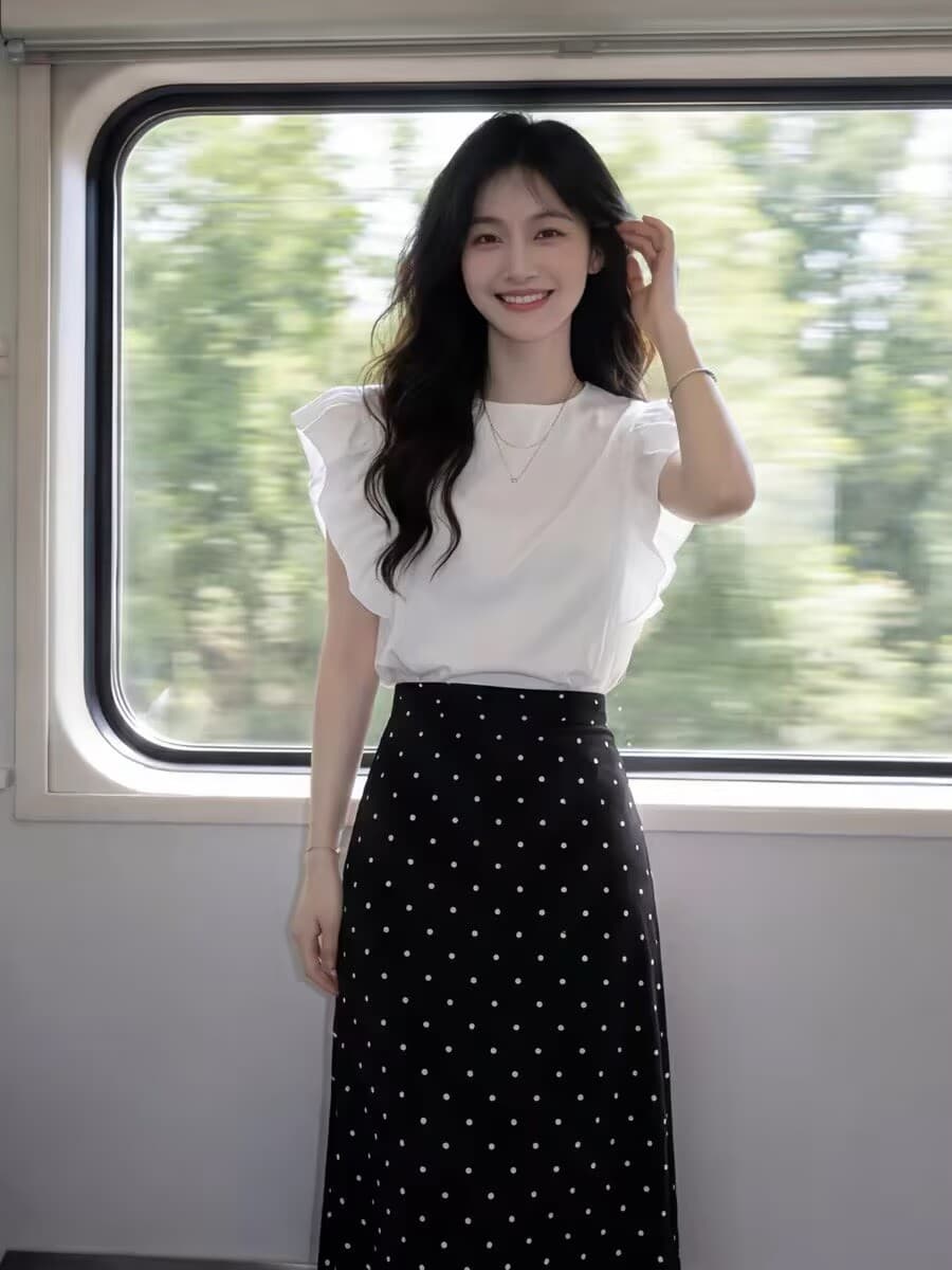 자이언트 잘 생긴 전체 집합 ootd 착용 가져 가라. 여름 여성 화이트 프릴 반팔 맨위 도트 무늬 반신 스커트 투피스 슈트 상세 이미지 3