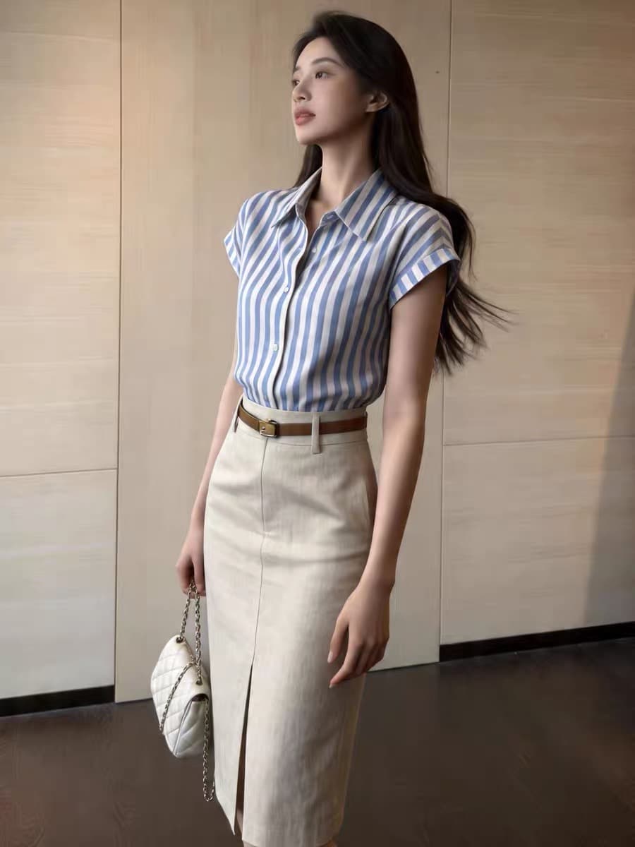 프랑스식 스트라이프 셔츠 반신 치마 세트 여성 2026 년 여름 새로운 작은 키 출퇴근 비즈니스웨어 투피스 세트 상세 이미지 2