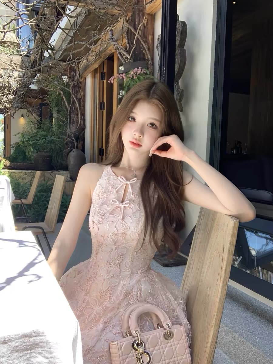 q 여자 집 신제품 얕은 사쿠라 튜바 로즈 천 골드 센스 핑크색 스팽글 자수 허리 수축 생일 드레스 상세 이미지 1
