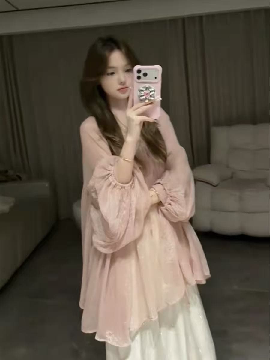 부드러운 바람 Tulle 레이스업 시폰 셔츠 여성 여름 새로운 느긋한 캐주얼 루즈핏 다용도 얇은 스타일 자외선 차단 의류 블라우스 이미지 2