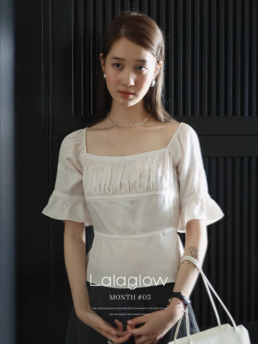 lalaglow 전체 아세트산 프랑스식 거품 소매 몸매 가꾸기 슬림해 보이는 레이스 조각 반팔 셔츠 여자 칼라 맨위 상세 이미지 1