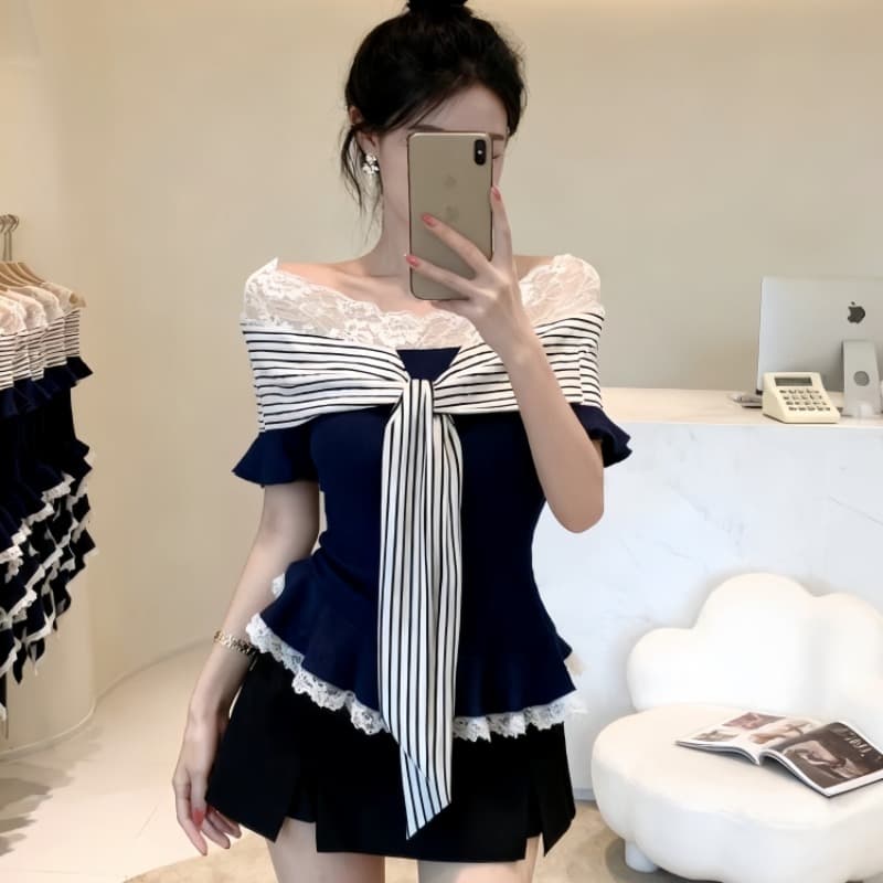 레트로 스타일 고유 한 슈퍼 잘 생긴 ~ 중 오프숄더 티셔츠 여름 작은 대중 패션 가스 질감 허리 수축 슬림해 보이는 맨위 트렌디 이미지 5
