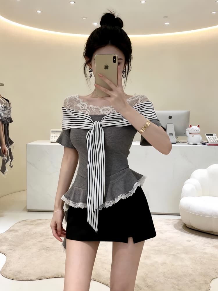 레트로 스타일 고유 한 슈퍼 잘 생긴 ~ 중 오프숄더 티셔츠 여름 작은 대중 패션 가스 질감 허리 수축 슬림해 보이는 맨위 트렌디 상세 이미지 1