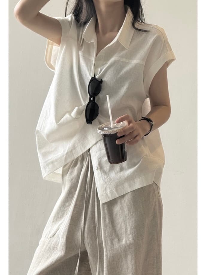 오래된 돈 바람 아마 반팔 화이트 여성 셔츠 여름 한 부서 미니멀리즘 루즈핏 민소매 면 린넨 셔츠 작은 날다 소매 맨위 이미지 4