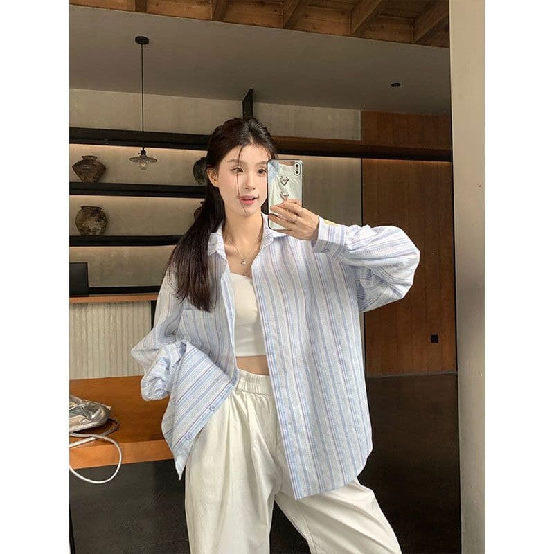 원본 천 스트라이프 POLO 칼라 파란색 셔츠 여성 코트 가을 루즈핏 캐주얼 셔츠 중간 길이 맨위 이미지 5