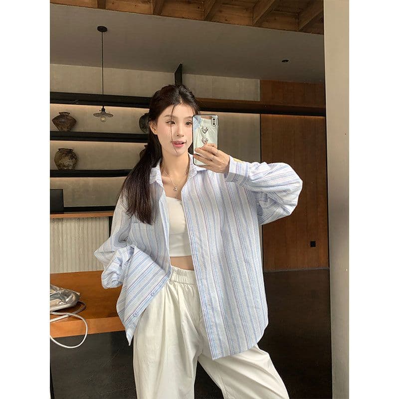원본 천 스트라이프 POLO 칼라 파란색 셔츠 여성 코트 가을 루즈핏 캐주얼 셔츠 중간 길이 맨위 상세 이미지 2