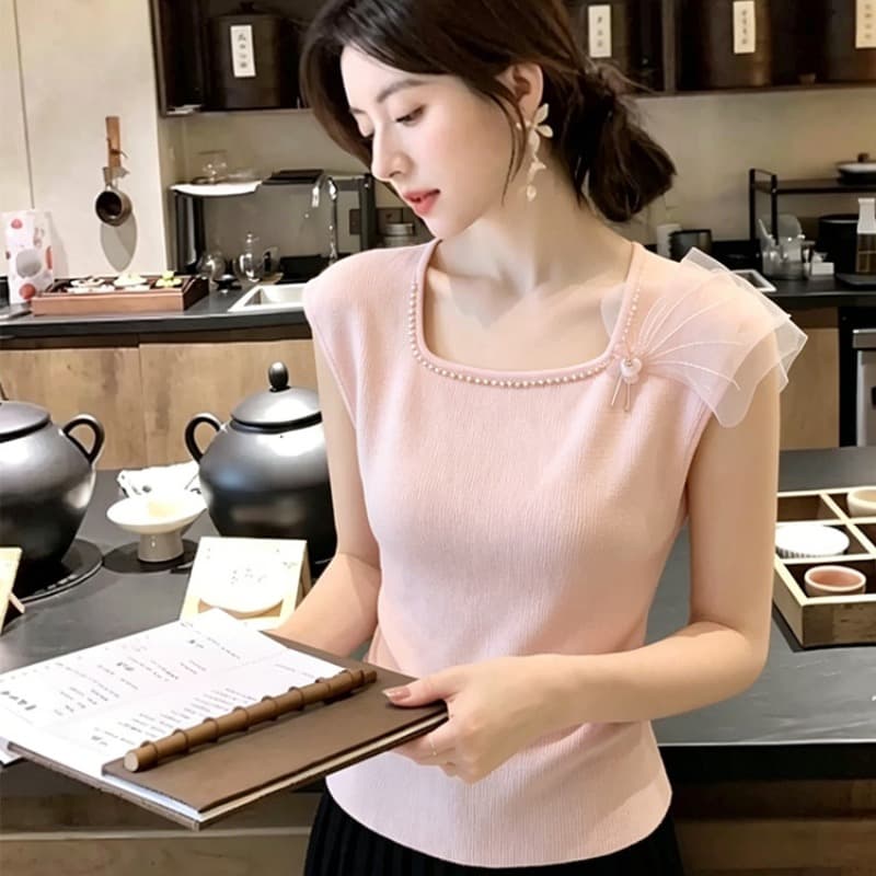 프랑스식 부드러운 바람 작은 정사각형 칼라 꽃 장식 니트 스웨터 여성 2026 여름 새로운 슬림해 보이는 캐주얼 다용도 맨위 이미지 5