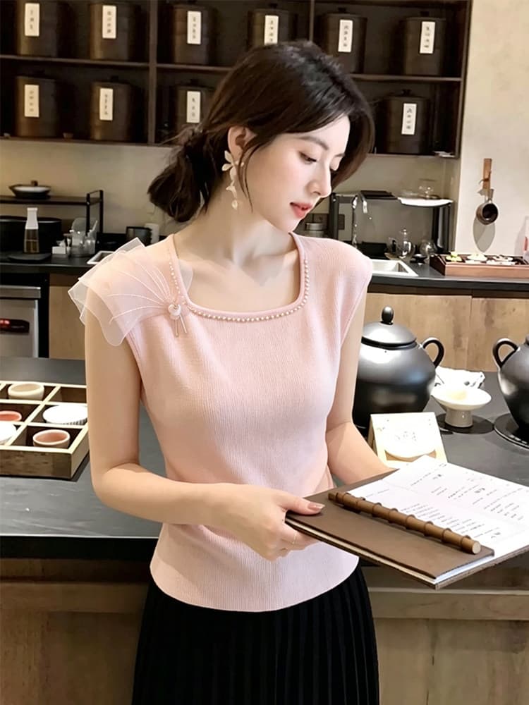 프랑스식 부드러운 바람 작은 정사각형 칼라 꽃 장식 니트 스웨터 여성 2026 여름 새로운 슬림해 보이는 캐주얼 다용도 맨위 상세 이미지 3