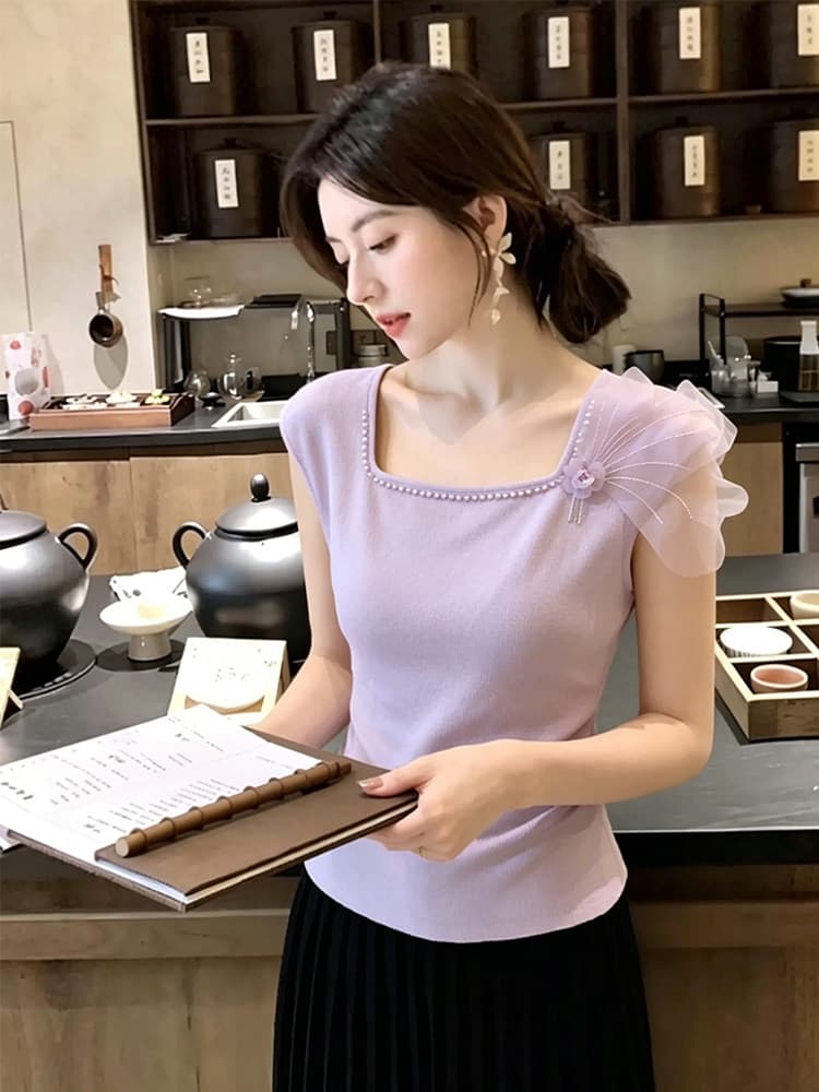 프랑스식 부드러운 바람 작은 정사각형 칼라 꽃 장식 니트 스웨터 여성 2026 여름 새로운 슬림해 보이는 캐주얼 다용도 맨위 상세 이미지 4