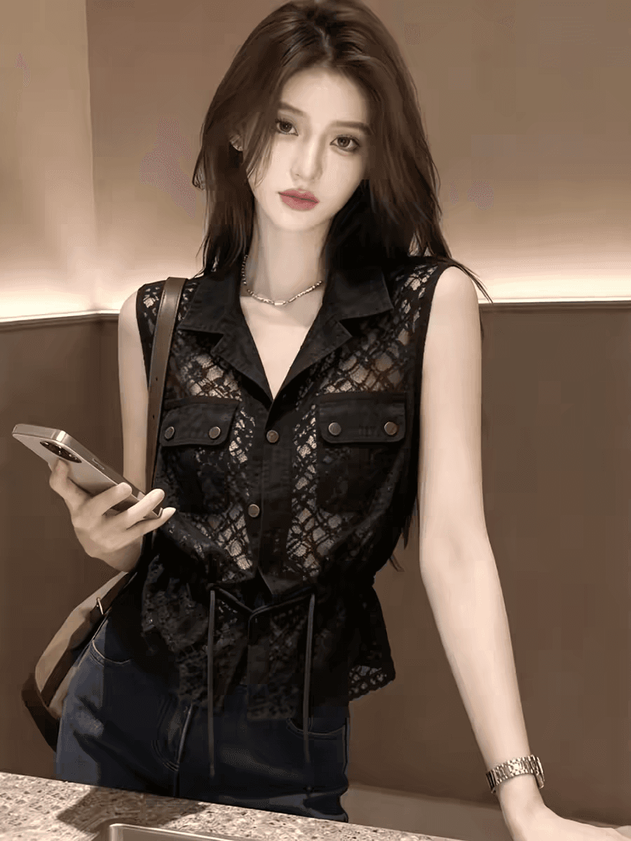 검정색 레이스 홀로우 아웃 민소매 여성 셔츠 여름 2026 새로운 맨위 상세 이미지 2