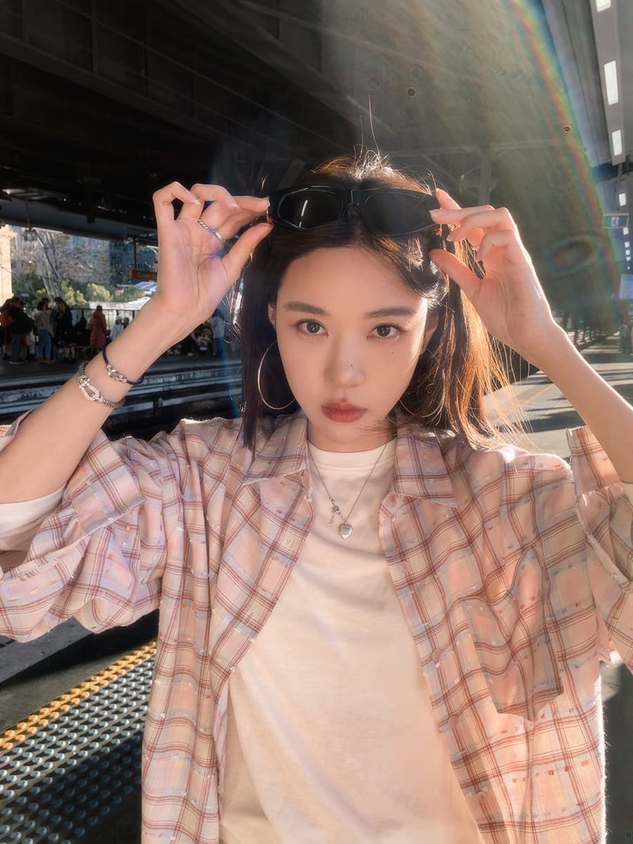 장 베이 베이 ibell 캐주얼 다용도 분말 그리드 리본 여성 셔츠 디자인 센스 루즈핏 슬림해 보이는 폴로 칼라 긴팔 맨위 이미지 4