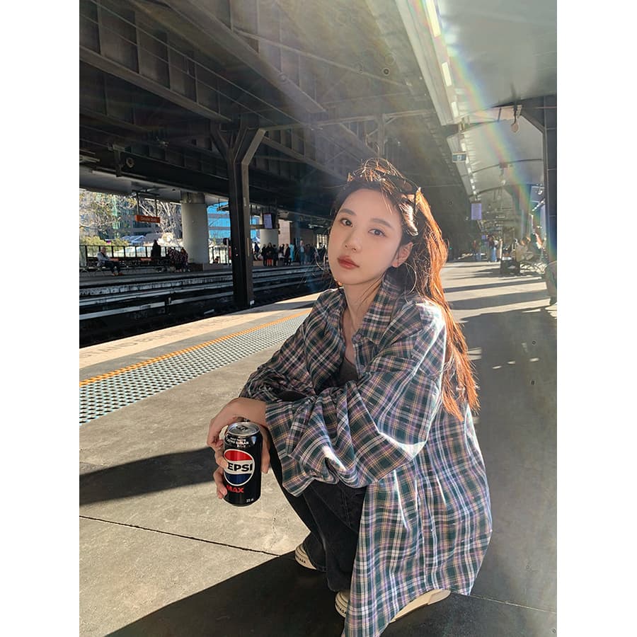 장 베이 베이 ibell 캐주얼 다용도 분말 그리드 리본 여성 셔츠 디자인 센스 루즈핏 슬림해 보이는 폴로 칼라 긴팔 맨위 이미지 3