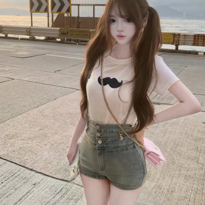 항해 항해 졸린 zz 자연 숙박 멩 자매 센스 콧수염 티셔츠 맨위 데님 멜빵 넓적 다리 패드 반바지 세트 보물 이미지 3