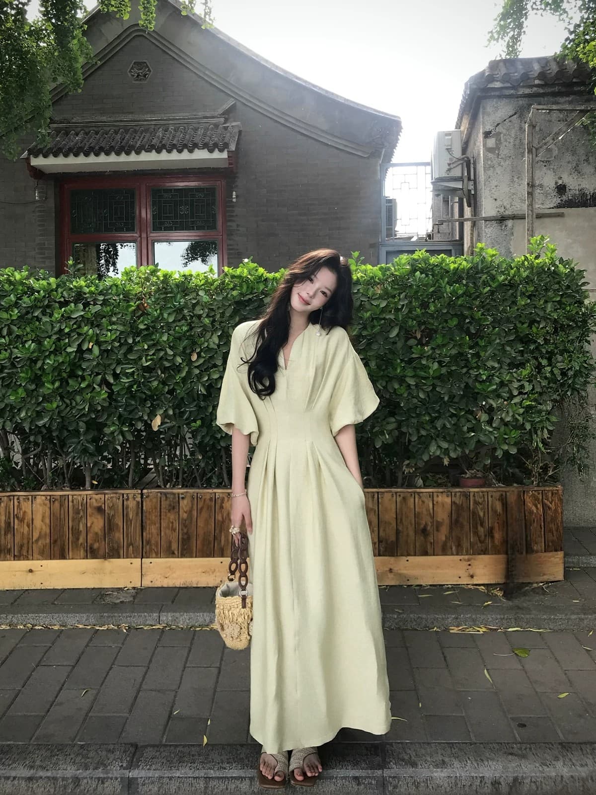 icelolly 아름다운 아니요 명중 섹션 아마 V넥 작은 키 허리 수축 여성 드레스 여름 프랑스식 꼬집기 허리 길다 치마 이미지 3