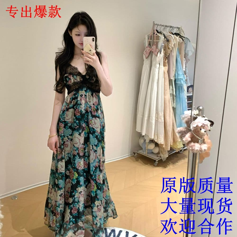 분위기 블랙 하단 레트로 파란색 대 꽃무늬 레이스 깊은 v 슬립 롱 스커트 드레스