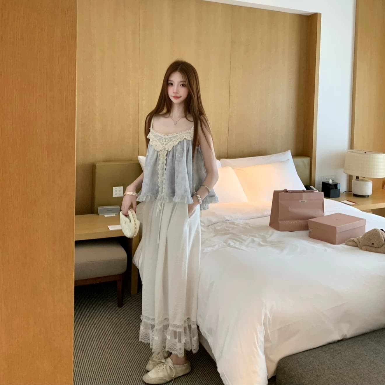 달콤한 배 푸 푸 헤일로 염색 블루 레이스 좋은 플래시 레이스업 스팽글 맨위 감기 센스 슬립 바지 세트 이미지 2