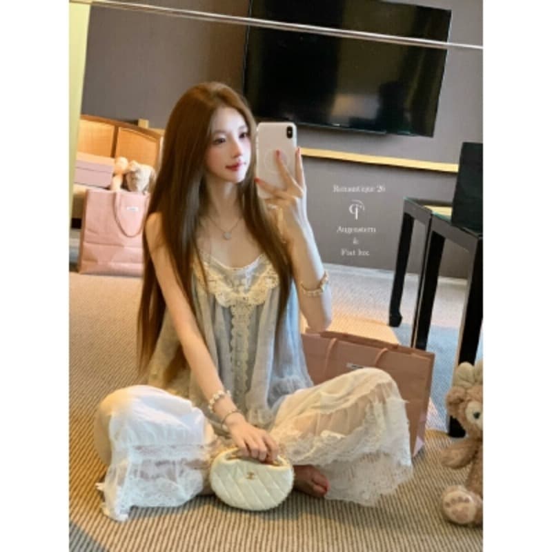 달콤한 배 푸 푸 헤일로 염색 블루 레이스 좋은 플래시 레이스업 스팽글 맨위 감기 센스 슬립 바지 세트 이미지 5