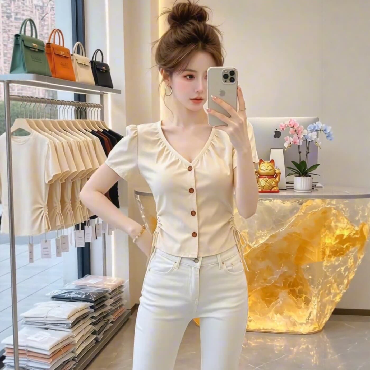 디자인 센스 V넥 반팔 여성 셔츠 여름 새로운 패션 다용도 외국 가스 연령 감소 고유 한 Chic 작은 셔츠 맨위 상세 이미지 2