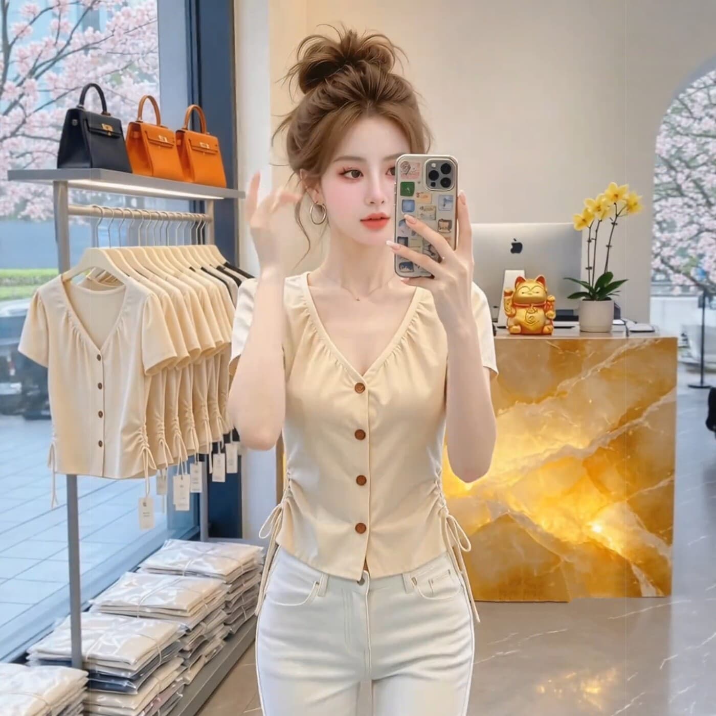 디자인 센스 V넥 반팔 여성 셔츠 여름 새로운 패션 다용도 외국 가스 연령 감소 고유 한 Chic 작은 셔츠 맨위 상세 이미지 4