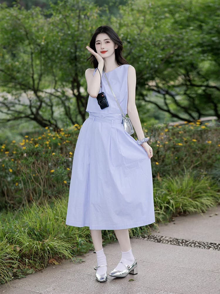 프랑스식 부드러운 바람 보라색 민소매 조끼 여성 드레스 여름 작은 키 연령 감소 허리 수축 투피스 슈트 치마 상세 이미지 1